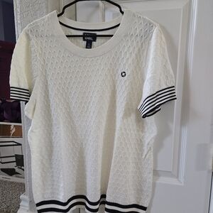 Women's Chase White Textured Short Sleeve Sweater with Black Stripes